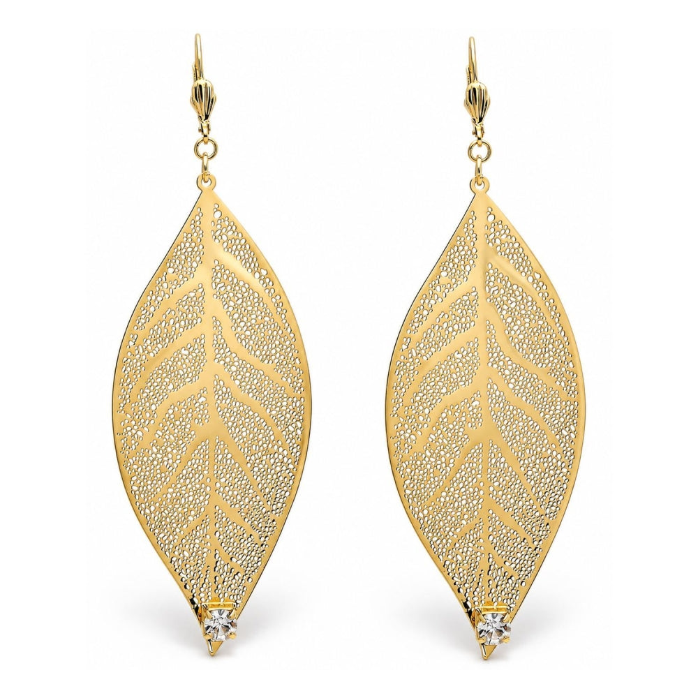 Oro Laminado Dangle Earring, Gold Filled Style Leaf and Filigree Design, with White Crystal, Polished, Golden Finish