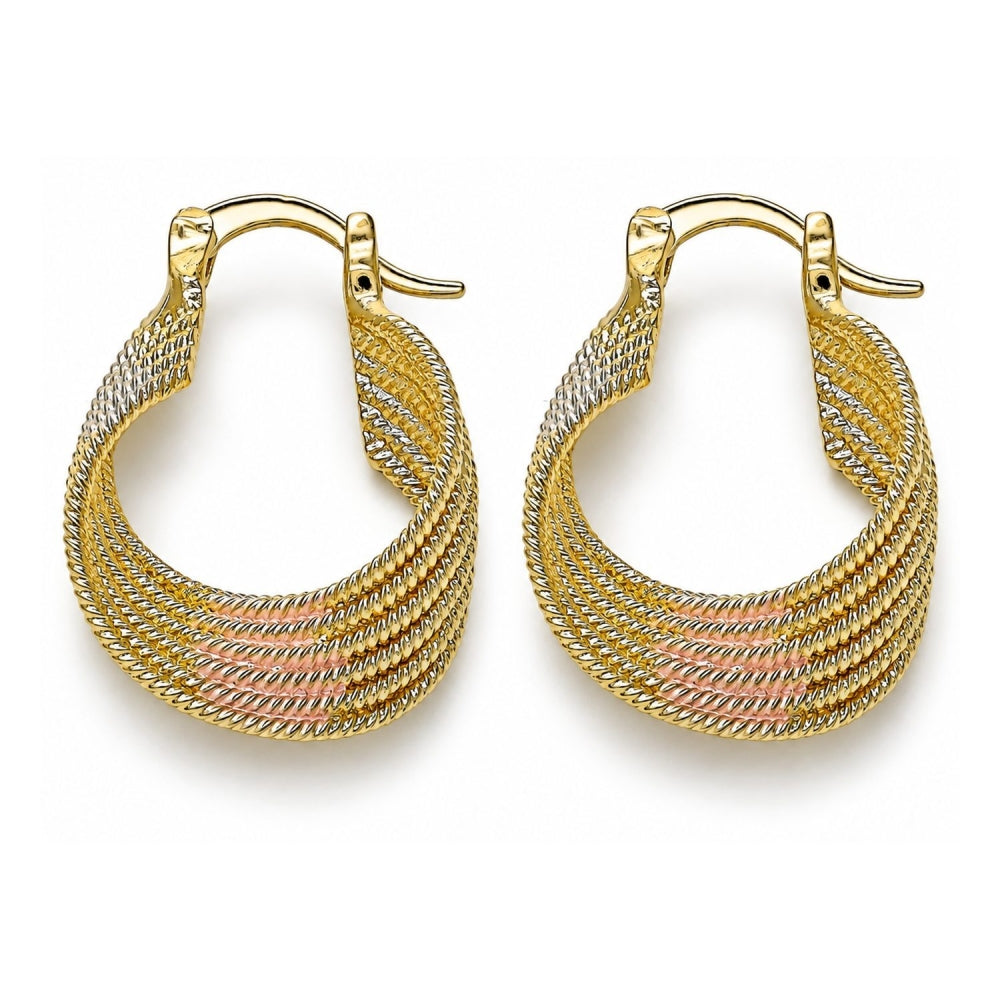 Oro Laminado Small Hoop, Gold Filled Style Twist Design, Diamond Cutting Finish, Tricolor