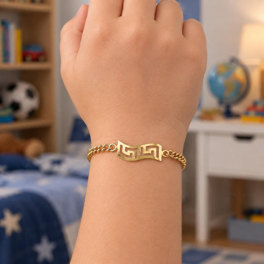 Oro Laminado ID Bracelet, Gold Filled Style Greek Key and Miami Cuban Design, Polished, Golden Finish