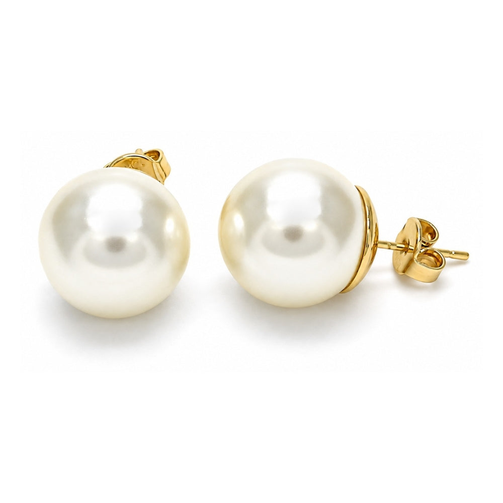 Oro Laminado Stud Earring, Gold Filled Style Ball Design, with Ivory Pearl, Polished, Golden Finish