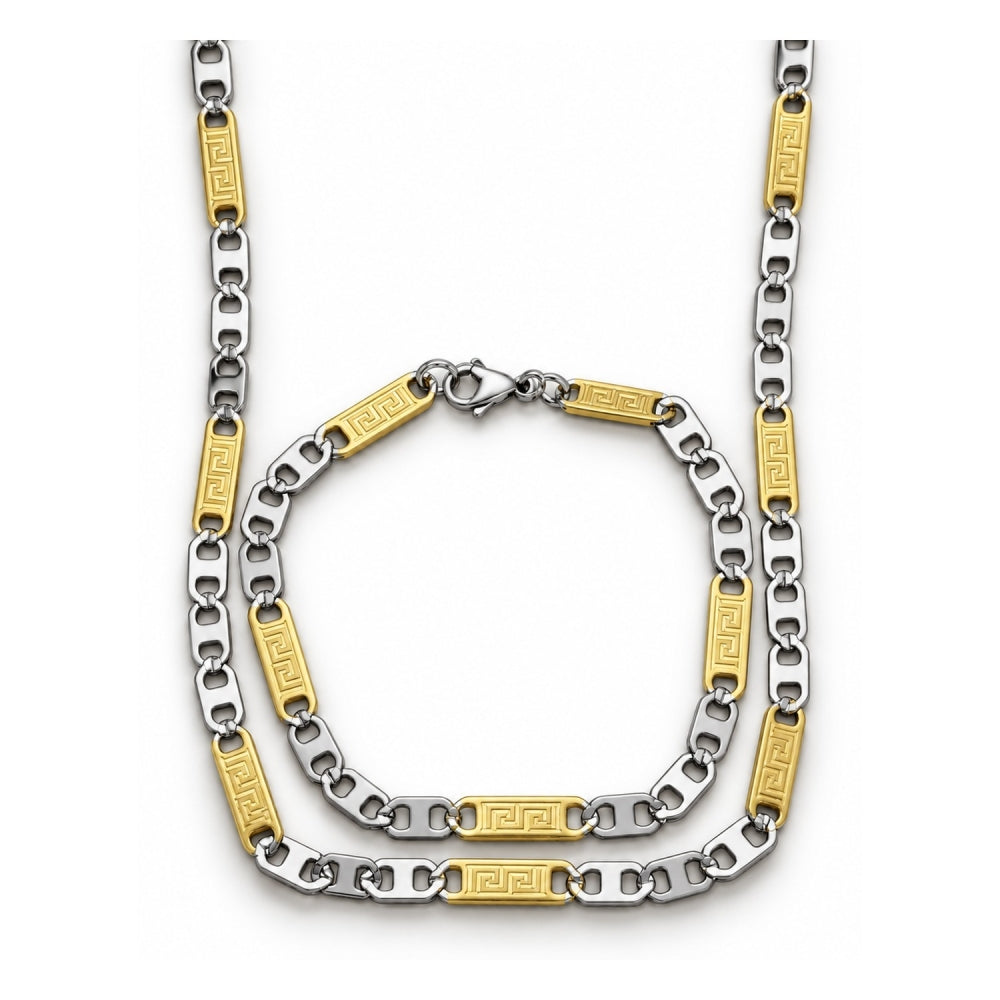Stainless Steel Necklace and Bracelet, Greek Key Design, Diamond Cutting Finish, Two Tone