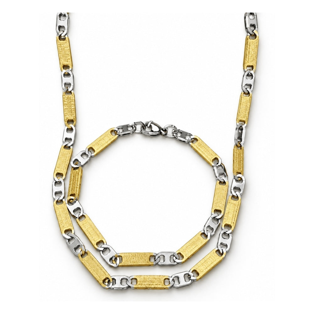 Stainless Steel Necklace and Bracelet, Greek Key Design, Diamond Cutting Finish, Two Tone