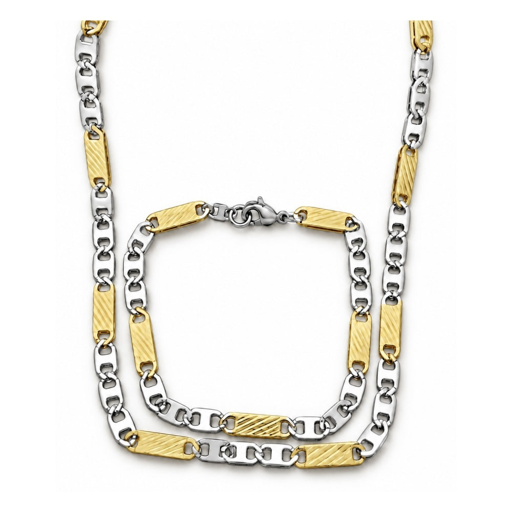 Stainless Steel Necklace and Bracelet, Mariner Design, Diamond Cutting Finish, Two Tone