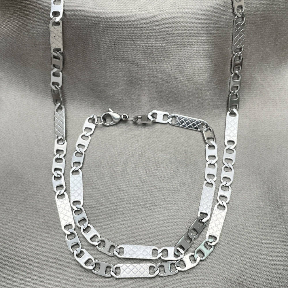 Stainless Steel Necklace and Bracelet, Mariner Design, Diamond Cutting Finish, Steel Finish