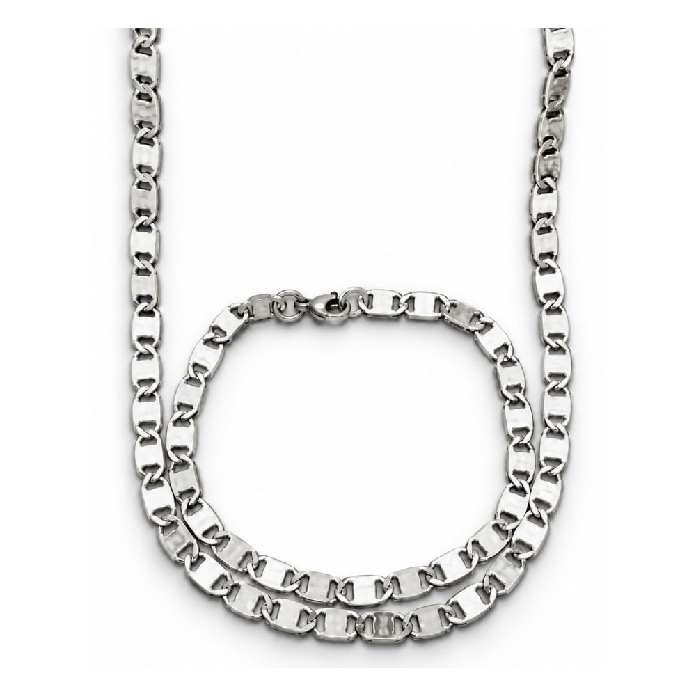 Stainless Steel Necklace and Bracelet, Mariner Design, Diamond Cutting Finish, Steel Finish