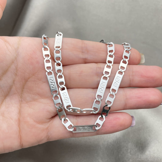 Stainless Steel Necklace and Bracelet, Greek Key Design, Diamond Cutting Finish, Steel Finish