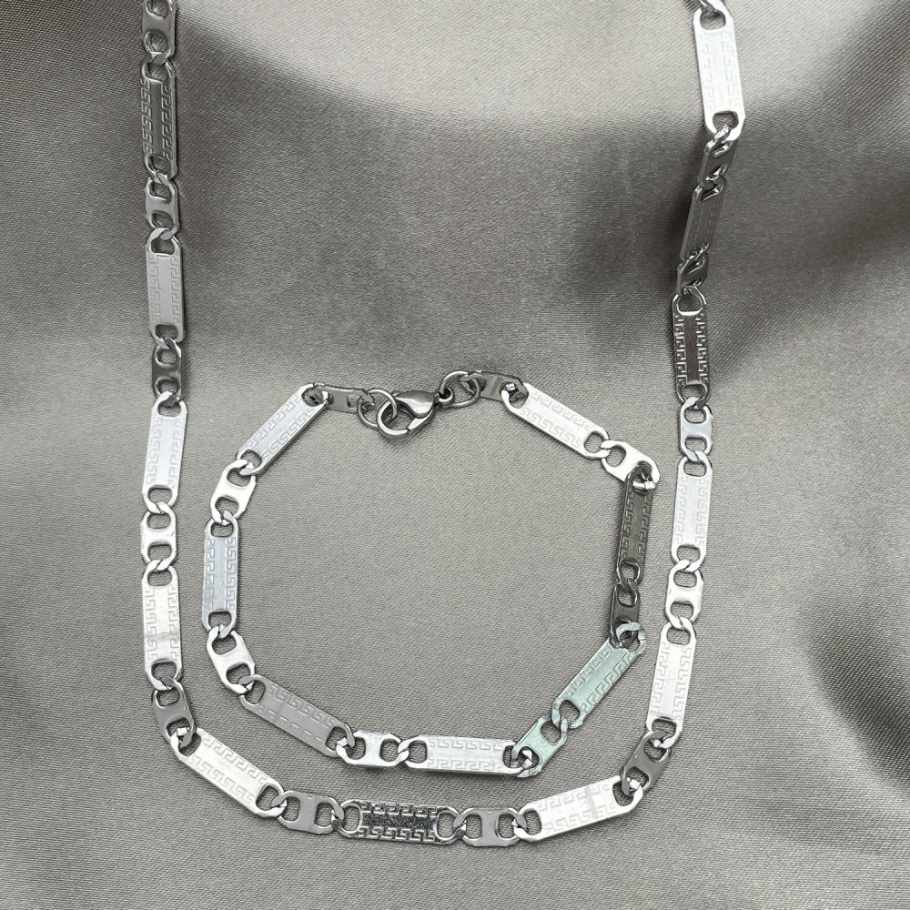 Stainless Steel Necklace and Bracelet, Greek Key Design, Diamond Cutting Finish, Steel Finish