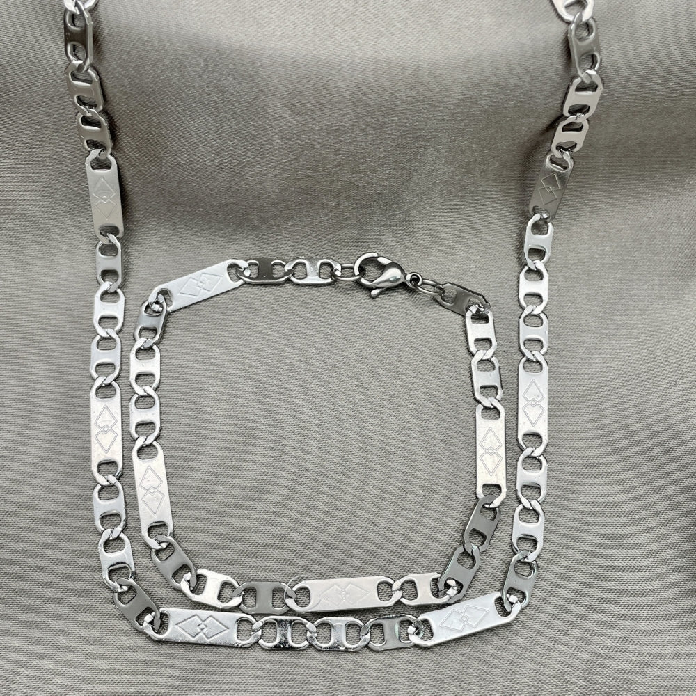 Stainless Steel Necklace and Bracelet, Mariner Design, Diamond Cutting Finish, Steel Finish