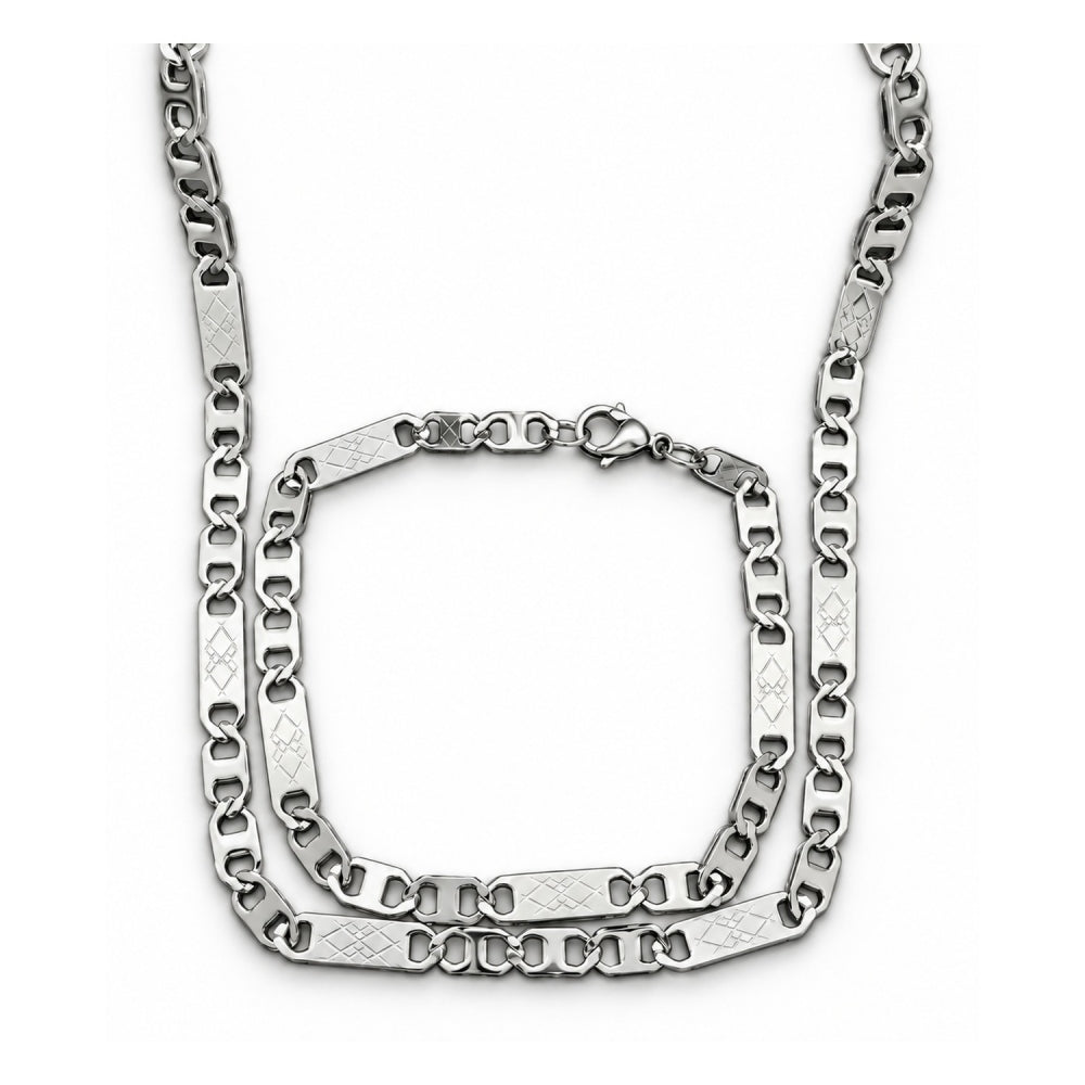 Stainless Steel Necklace and Bracelet, Mariner Design, Diamond Cutting Finish, Steel Finish