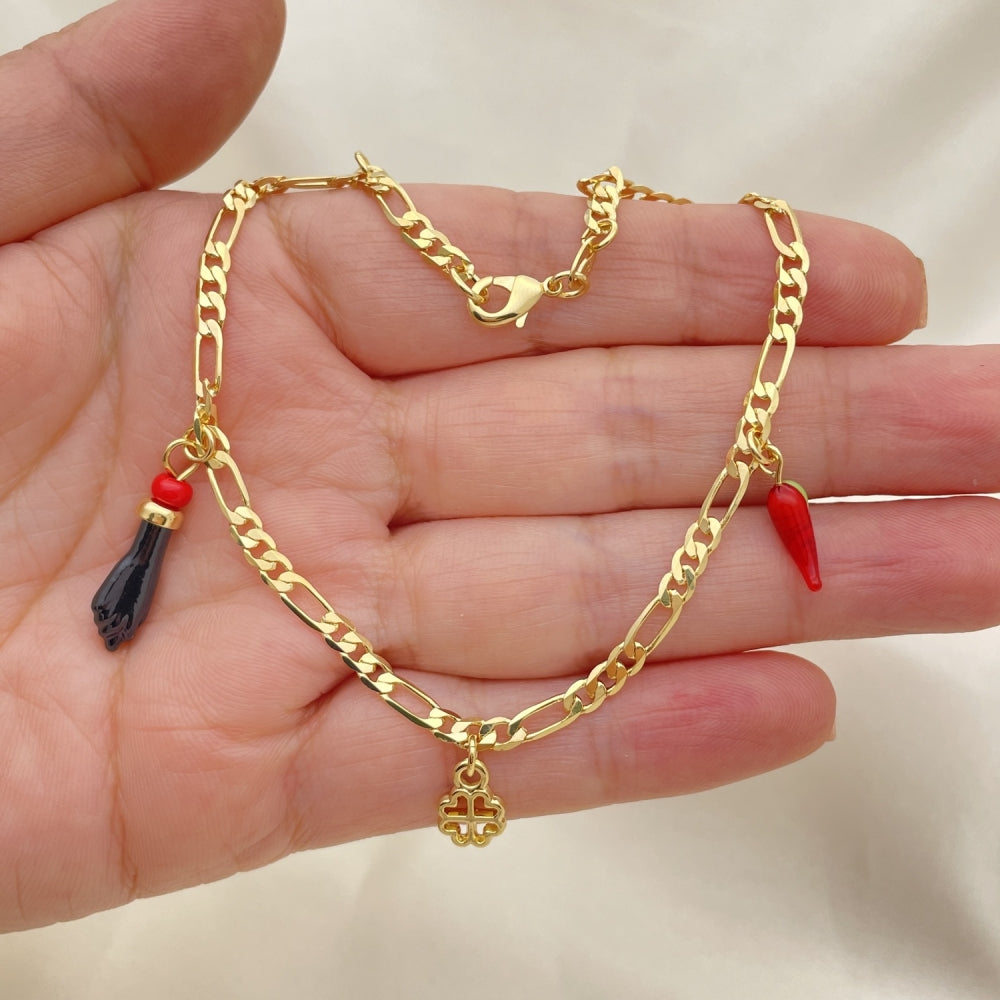 Gold Anklet - Figaro w/ Azavache, Lucky, Chili Charm Handmade with the Highest Gold Filled Style - Gold Filled Anklets 03.32.0599.10