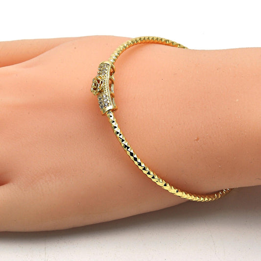 Oro Laminado Individual Bangle, Gold Filled Style Flower Design, with White Micro Pave, Diamond Cutting Finish, Golden Finish
