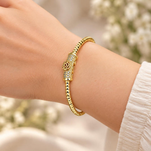 Oro Laminado Individual Bangle, Gold Filled Style Flower Design, with White Micro Pave, Diamond Cutting Finish, Golden Finish