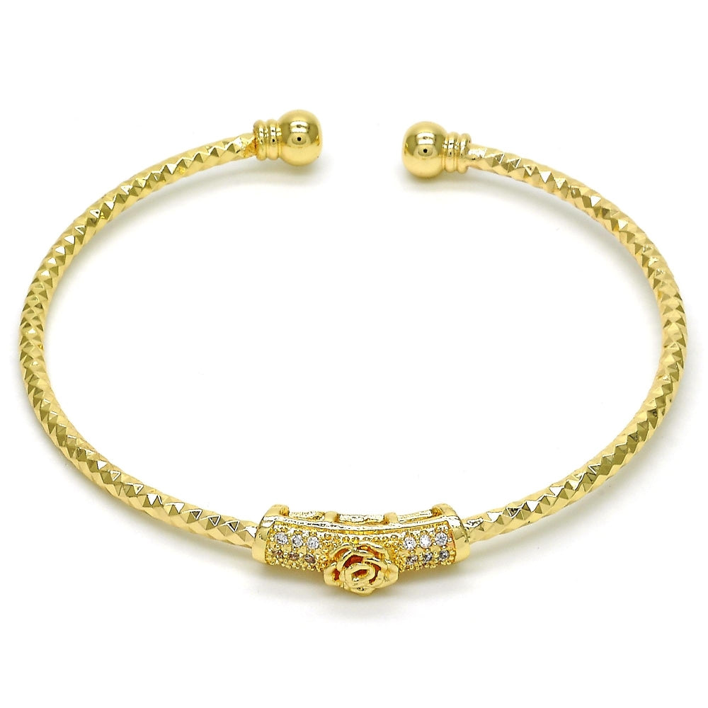 Oro Laminado Individual Bangle, Gold Filled Style Flower Design, with White Micro Pave, Diamond Cutting Finish, Golden Finish