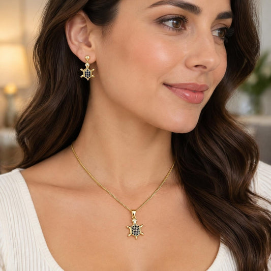 Oro Laminado Earring and Pendant Adult Set, Gold Filled Style Turtle Design, with Sapphire Blue and White Micro Pave, Polished, Golden Finish
