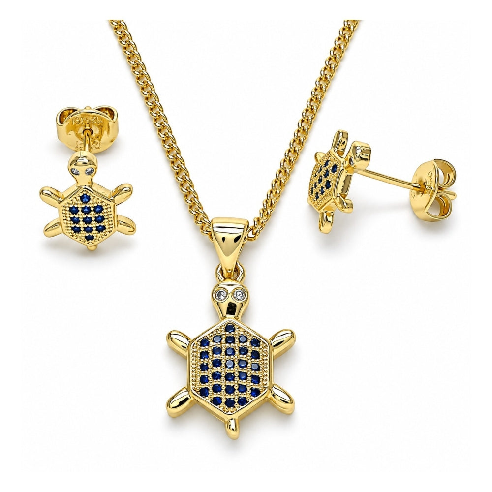 Oro Laminado Earring and Pendant Adult Set, Gold Filled Style Turtle Design, with Sapphire Blue and White Micro Pave, Polished, Golden Finish