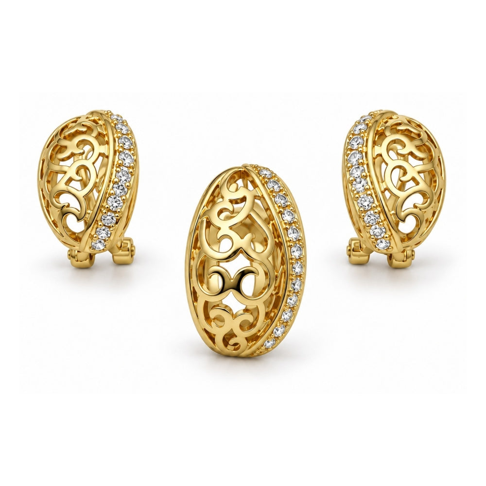 Oro Laminado Earring and Pendant Adult Set, Gold Filled Style Leaf Design, with White Crystal, Polished, Golden Finish