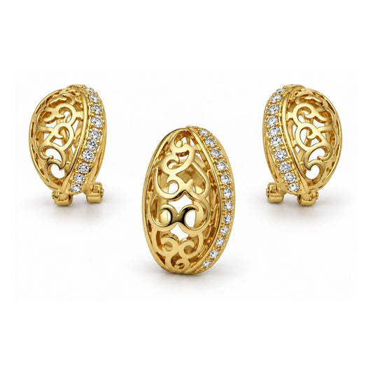 Oro Laminado Earring and Pendant Adult Set, Gold Filled Style Leaf Design, with White Crystal, Polished, Golden Finish