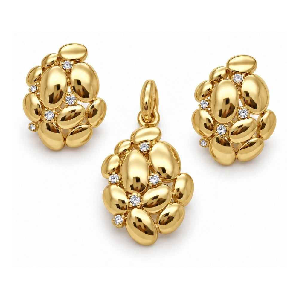 Oro Laminado Earring and Pendant Adult Set, Gold Filled Style Grape Design, with White Cubic Zirconia, Polished, Golden Finish