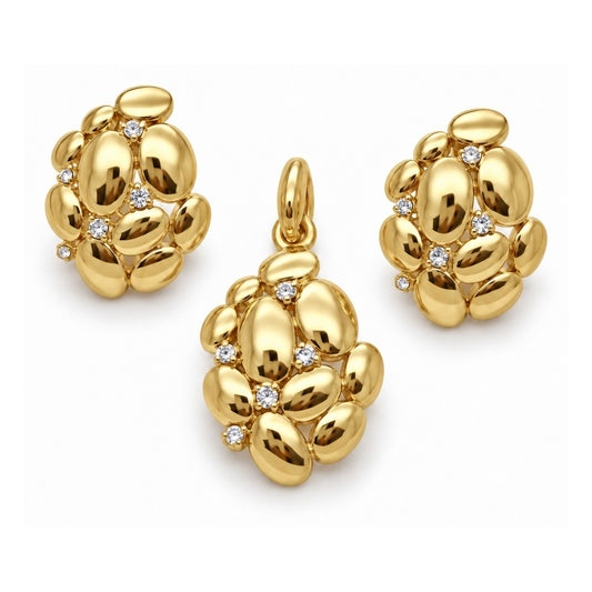 Oro Laminado Earring and Pendant Adult Set, Gold Filled Style Grape Design, with White Cubic Zirconia, Polished, Golden Finish
