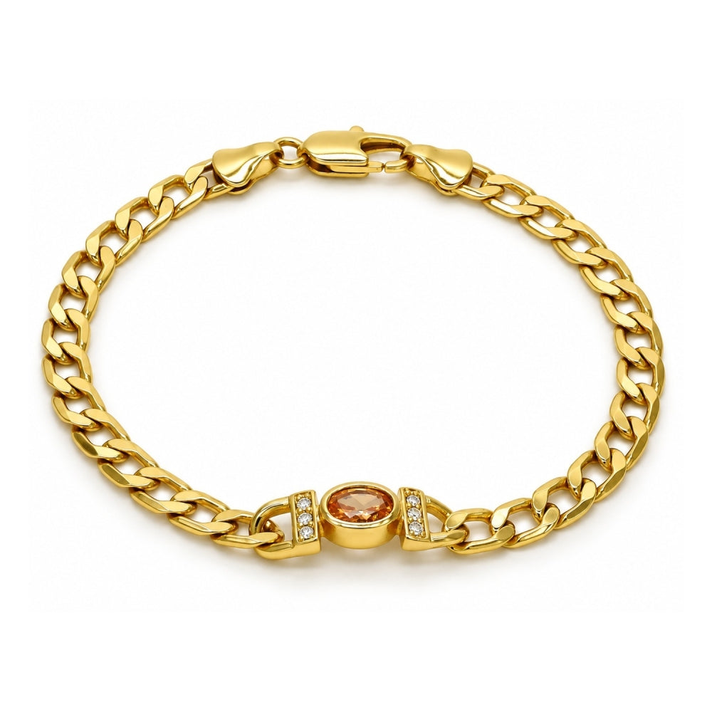 Oro Laminado Fancy Bracelet, Gold Filled Style Curb Design, with Brown Cubic Zirconia and White Crystal, Polished, Golden Finish