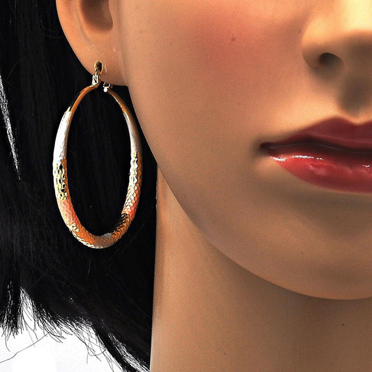 Oro Laminado Large Hoop, Gold Filled Style Hollow Design, Diamond Cutting Finish, Tricolor
