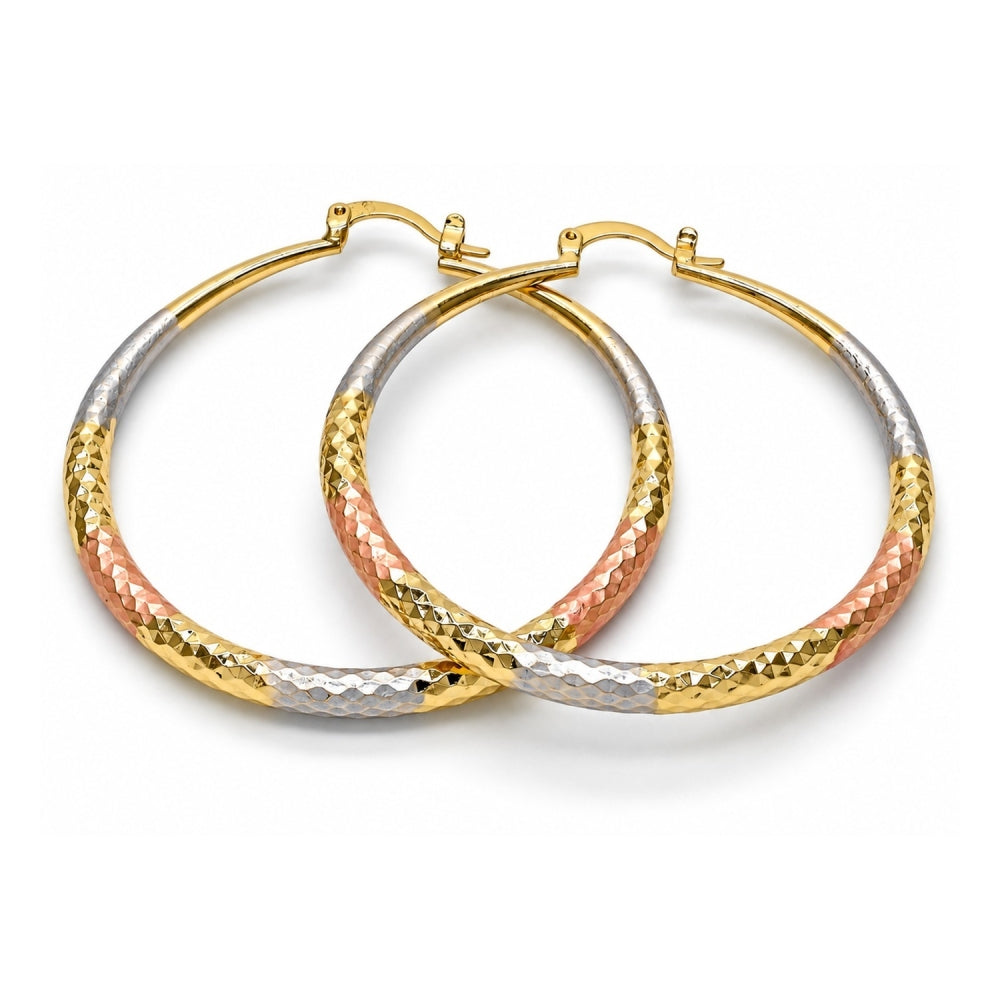 Oro Laminado Large Hoop, Gold Filled Style Hollow Design, Diamond Cutting Finish, Tricolor