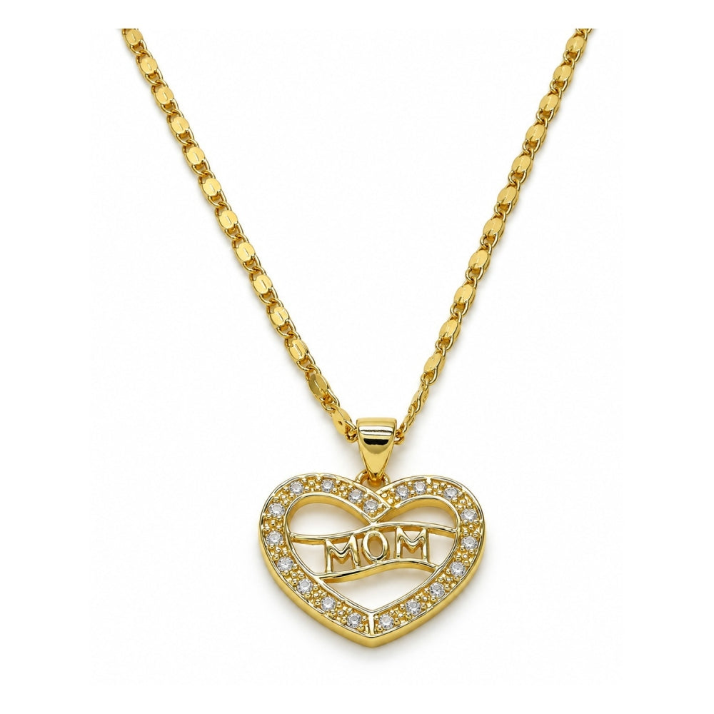 Oro Laminado Pendant Necklace, Gold Filled Style Mom and Heart Design, with White Cubic Zirconia, Polished, Golden Finish