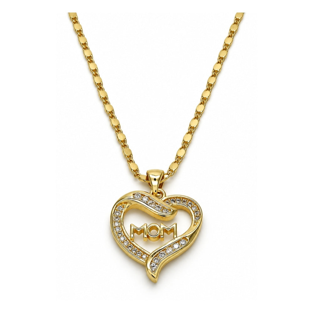 Oro Laminado Pendant Necklace, Gold Filled Style Mom and Heart Design, with White Micro Pave and White Cubic Zirconia, Polished, Golden Finish