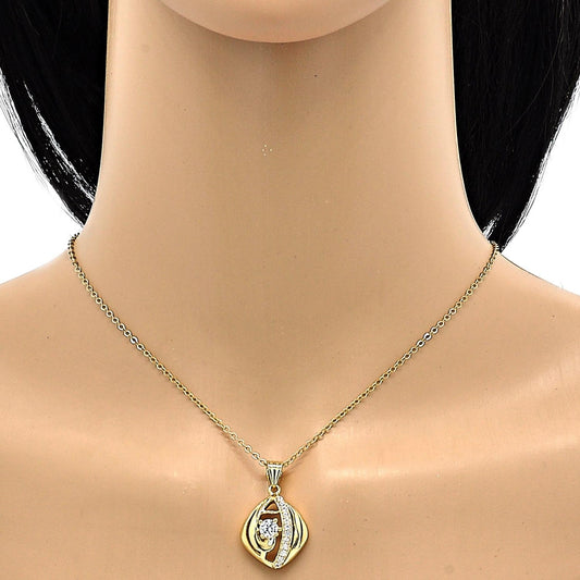 Oro Laminado Earring and Pendant Adult Set, Gold Filled Style with White Cubic Zirconia, Polished, Golden Finish