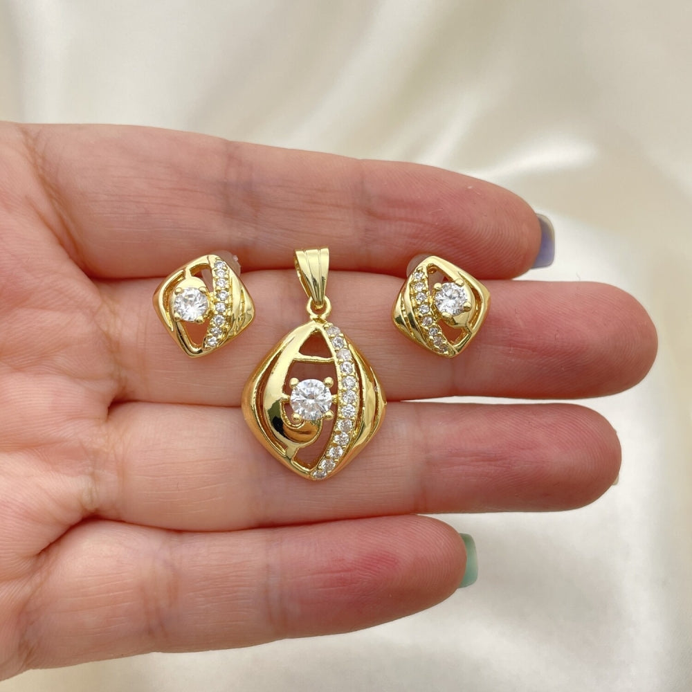 Oro Laminado Earring and Pendant Adult Set, Gold Filled Style with White Cubic Zirconia, Polished, Golden Finish