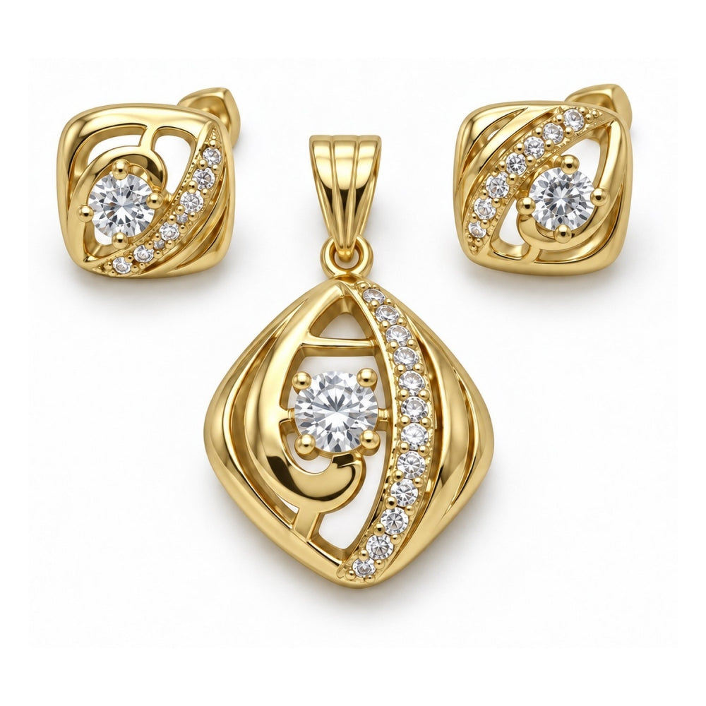 Oro Laminado Earring and Pendant Adult Set, Gold Filled Style with White Cubic Zirconia, Polished, Golden Finish