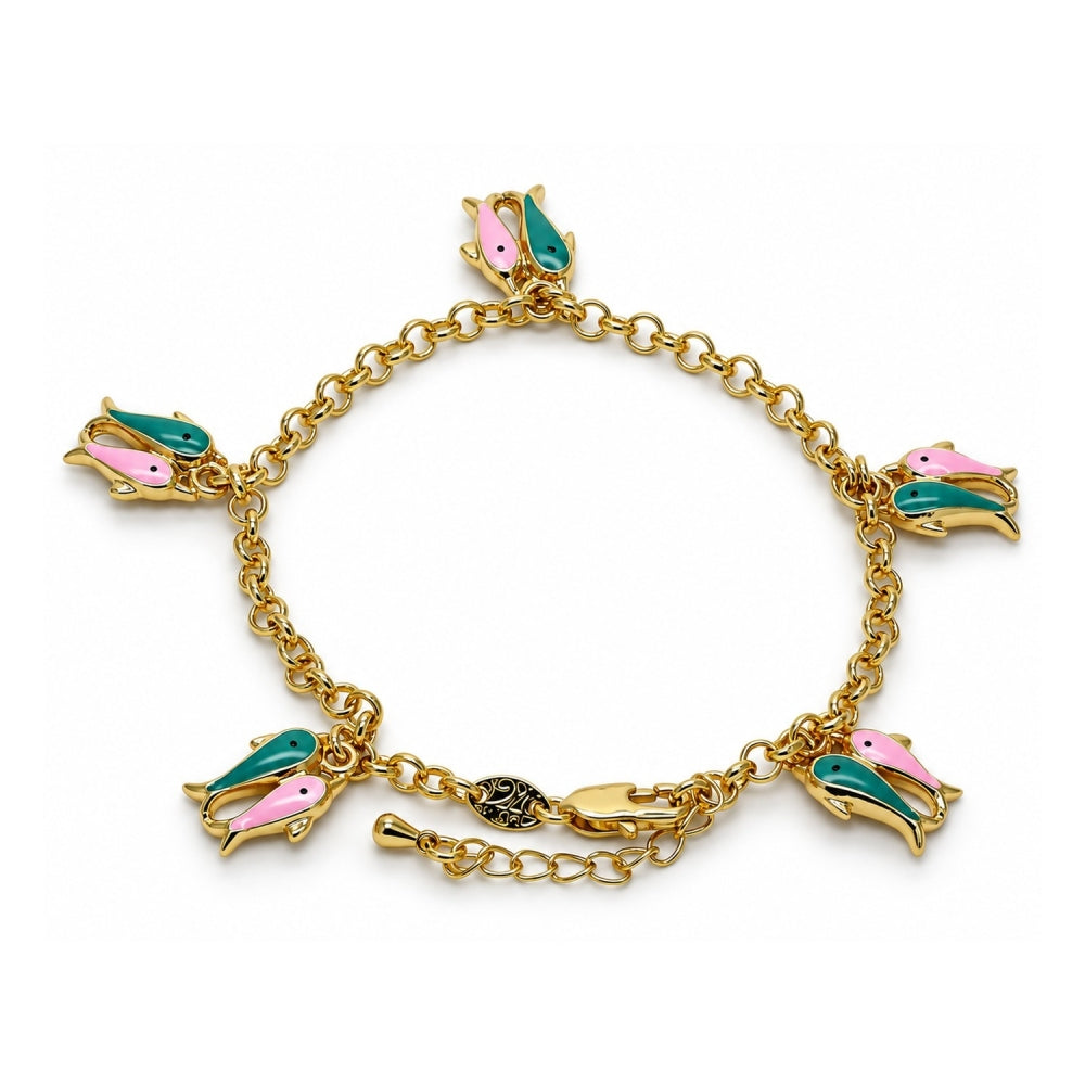 Oro Laminado Charm Bracelet, Gold Filled Style Fish and Rolo Design, Multicolor Enamel Finish, Golden Finish