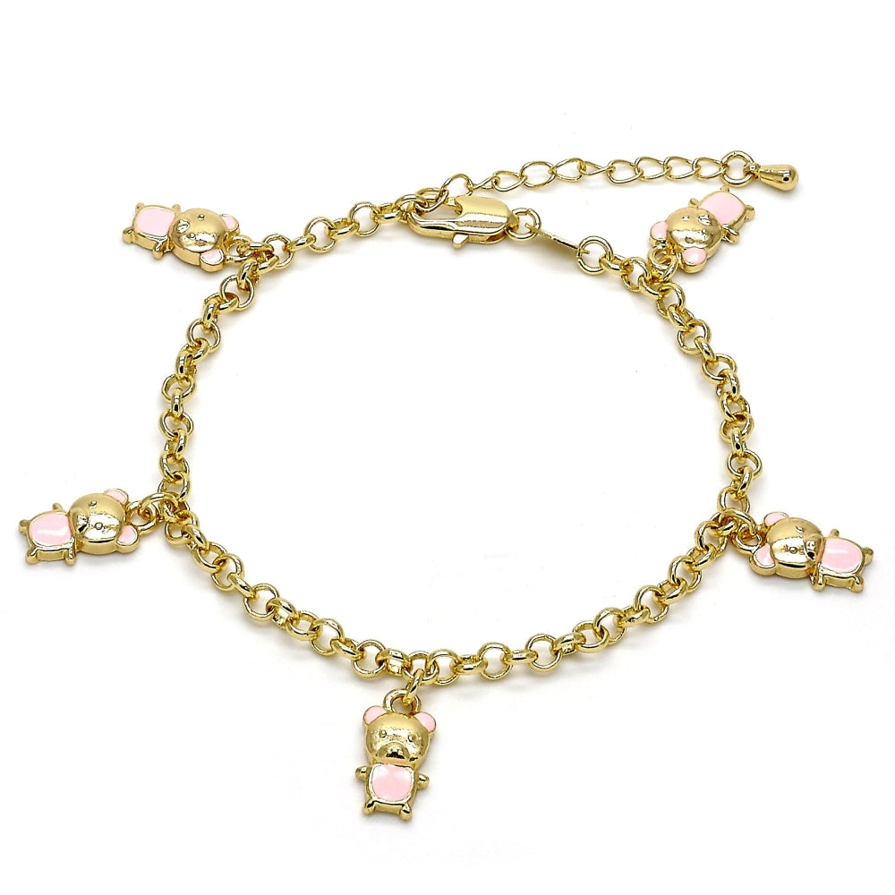 Oro Laminado Charm Bracelet, Gold Filled Style Teddy Bear and Rolo Design, Pink Enamel Finish, Golden Finish