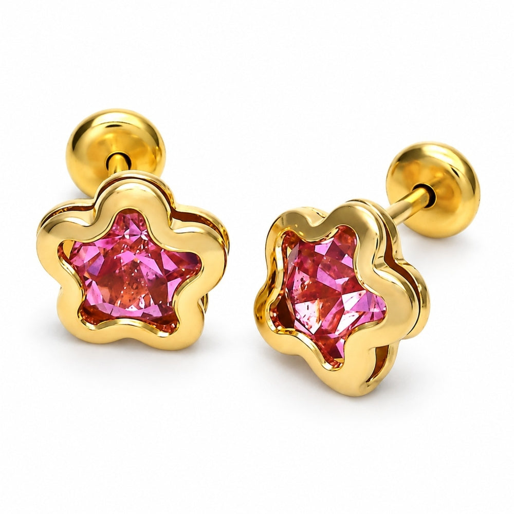 Oro Laminado Stud Earring, Gold Filled Style Star Design, with Light Rhodolite Cubic Zirconia, Polished, Golden Finish