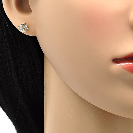 Oro Laminado Stud Earring, Gold Filled Style with White Crystal, Polished, Golden Finish