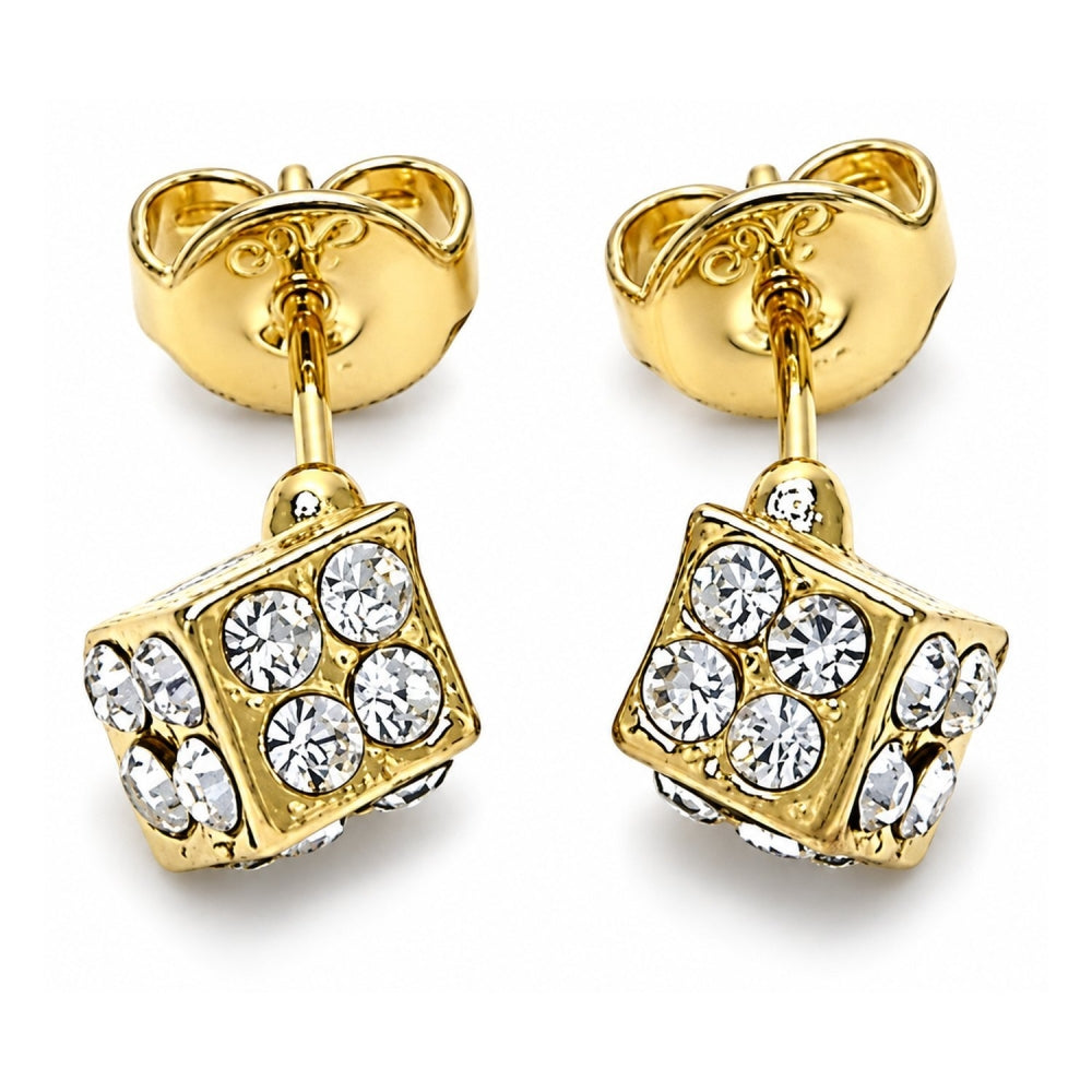 Oro Laminado Stud Earring, Gold Filled Style with White Crystal, Polished, Golden Finish