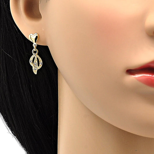 Oro Laminado Earring and Pendant Adult Set, Gold Filled Style with White Crystal, Polished, Golden Finish