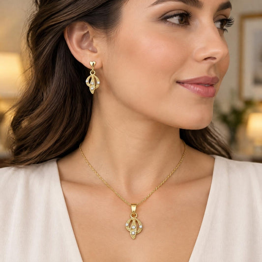 Oro Laminado Earring and Pendant Adult Set, Gold Filled Style with White Crystal, Polished, Golden Finish