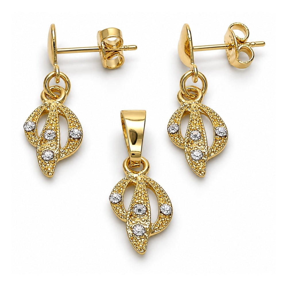 Oro Laminado Earring and Pendant Adult Set, Gold Filled Style with White Crystal, Polished, Golden Finish