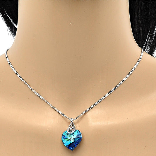 Rhodium Gold Filled Pendant Necklace, Heart and Pave Mariner Design, with Bermuda Blue Swarovski Crystals and White Micro Pave, Polished, Rhodium Finish