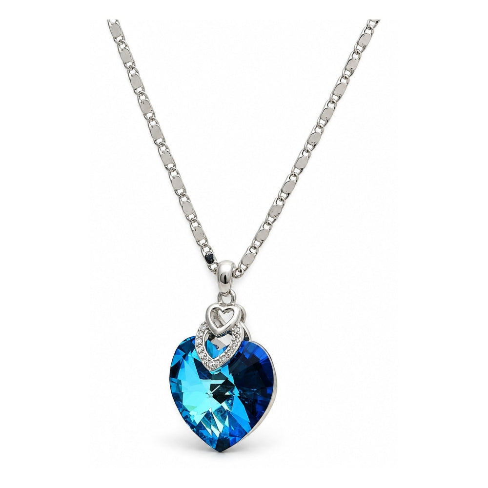 Rhodium Gold Filled Pendant Necklace, Heart and Pave Mariner Design, with Bermuda Blue Swarovski Crystals and White Micro Pave, Polished, Rhodium Finish