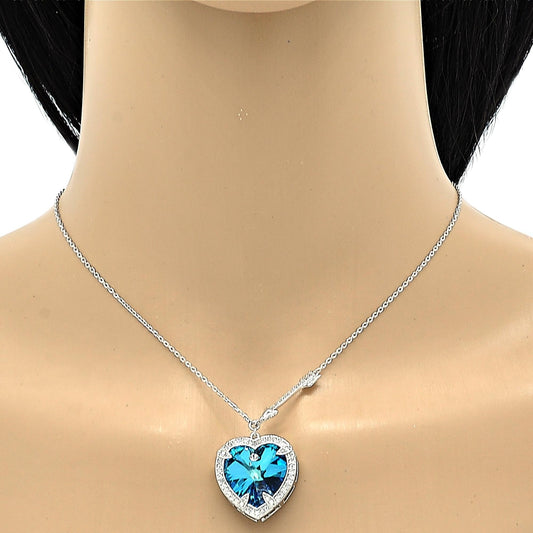 Rhodium Gold Filled Pendant Necklace, Heart Design, with Bermuda Blue Swarovski Crystals and White Micro Pave, Polished, Rhodium Finish