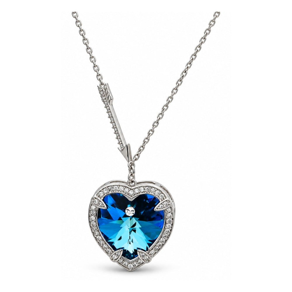 Rhodium Gold Filled Pendant Necklace, Heart Design, with Bermuda Blue Swarovski Crystals and White Micro Pave, Polished, Rhodium Finish