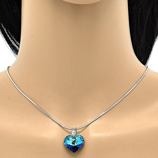 Rhodium Gold Filled Pendant Necklace, Heart and Rat Tail Design, with Bermuda Blue Swarovski Crystals and White Crystal, Polished, Rhodium Finish