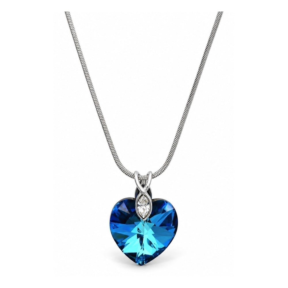 White Gold Filled Pendant Necklace, Heart and Rat Tail Design, with Bermuda Blue Swarovski Crystals and White Crystal, Polished, Rhodium Finish