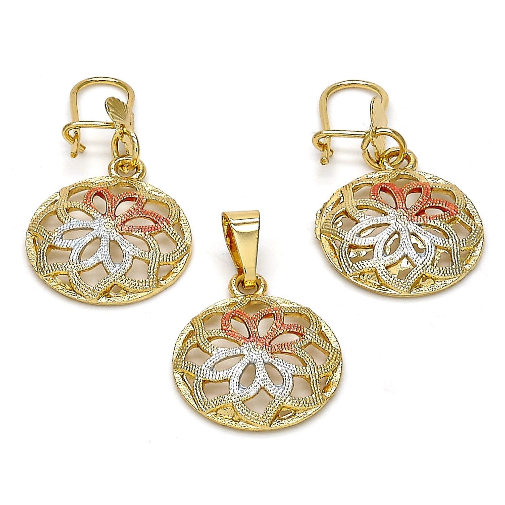 Oro Laminado Earring and Pendant Adult Set, Gold Filled Style Flower Design, Polished, Tricolor