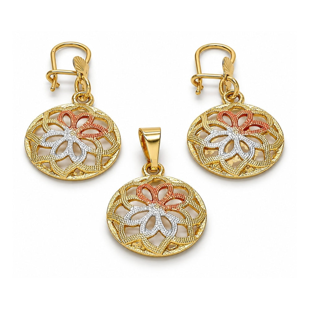 Oro Laminado Earring and Pendant Adult Set, Gold Filled Style Flower Design, Polished, Tricolor