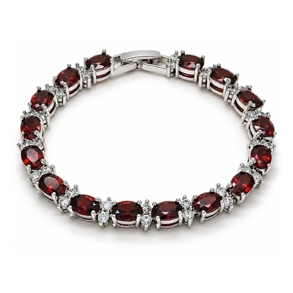 White Gold Filled Tennis Bracelet, with Garnet and White Cubic Zirconia, Polished, Rhodium Finish
