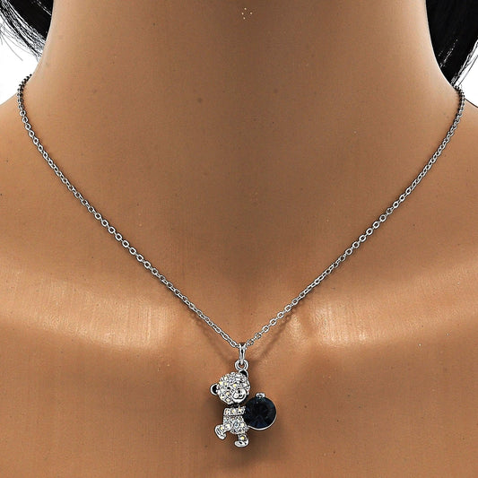 Rhodium Gold Filled Pendant Necklace, Teddy Bear Design, with Montana and Aurore Boreale Swarovski Crystals, Black Enamel Finish, Rhodium Finish