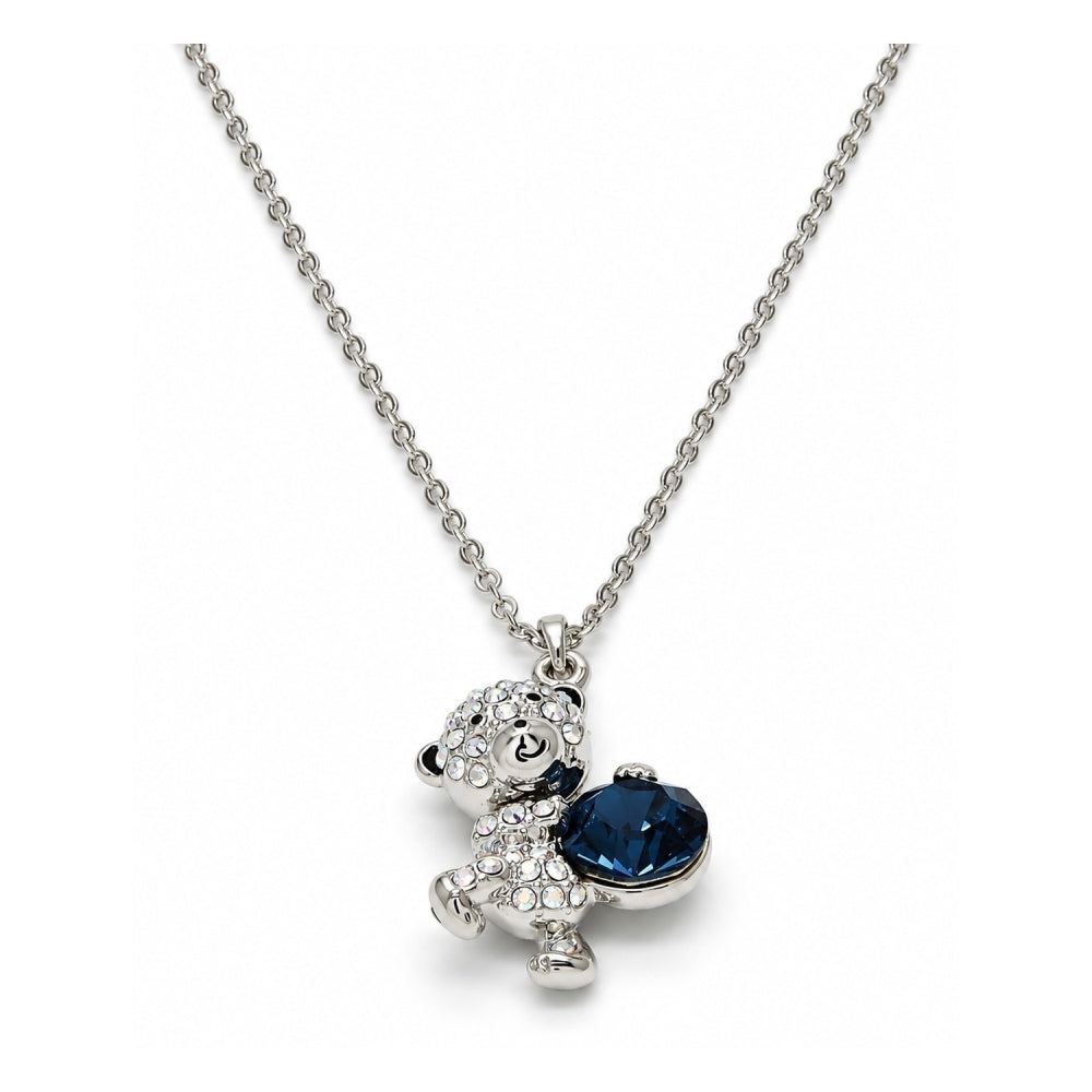 White Gold Filled Pendant Necklace, Teddy Bear Design, with Montana and Aurore Boreale Swarovski Crystals, Black Enamel Finish, Rhodium Finish